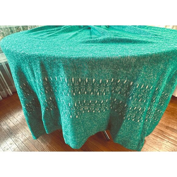 Vintage 70 curtain, deep teal jewel tone, white embroidered detail, thick woven - Picture 5 of 10